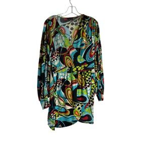 Ariella Psychedelic Abstract Print Mini Dress V-Neck Slit Sleeve Multi Large